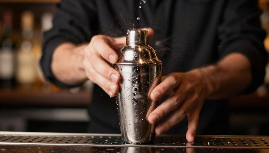 Proces šejkovanja Spicy Pineapple Margarita koktela u metalnom šejkeru